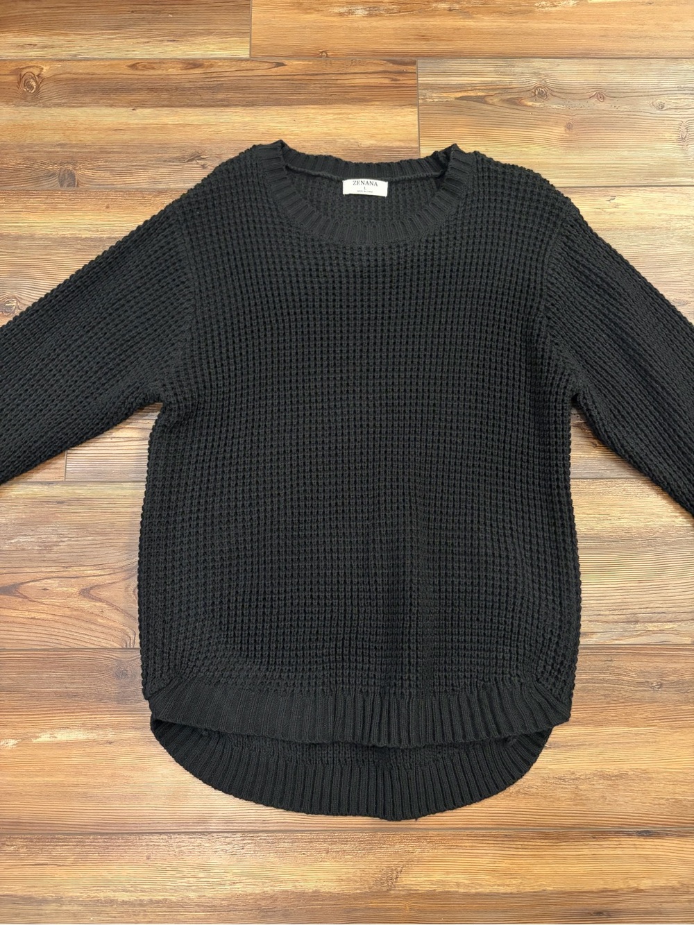 Zenana Women’s Fall/Winter Black Waffle Knit Crewneck Sweater L
